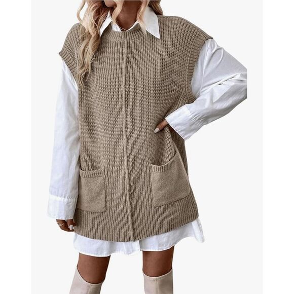 NEW Gray Crew Neck Sweater Pockets Knit Vest Dress 1X - Picture 3 of 4